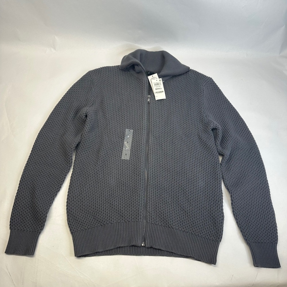 Alfani Mens Full Zip Waffle Knit Sweater Ebony Grey Mock Neck Small New with Tag
